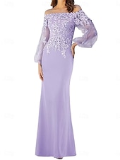 preiswerte Bodenlänge-Meerjungfrau  Trompeten Brautmutter Kleid Elegantes Off-Shoulder Bodenlang Spitze Lange Ärmel mit einfarbigem Material