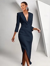 preiswerte Bodenlänge-Blazer-Kleid Meerjungfrau  Trompete Brautmutter Kleid Krepp Smoking Kleid Elegantes Hochgeschnittenes Schalkragen Bodenlang 3/4 Ärmeln mit Gürtel Farbblock Einfarbig 2025