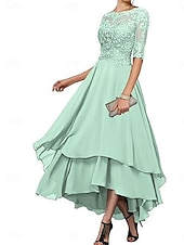 abordables Longueur du thé-Ligne A Robe de Mère de Mariée  Élégant Simple Col Bateau Asymétrique Polyester Demi Manches avec Couleur Unie 2025