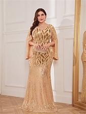 cheap CHAMPAGNE-Mermaid / Trumpet Plus Size Dresses Elegant Curve Dress Formal Wedding Floor Length Long Sleeve V Neck Polyester with Sequin