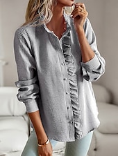 זול חולצות שמלות-WOMEN&#039;S SHIRT BUTTON DOWN BLOUSE SOLID COLOR PLAIN STRIPED ELEGANT STYLISH BASIC LONG SLEEVE CREW NECK REGULAR TOPS DAILY RUFFLE BUTTONS WHITE PINK SKY BLUE GRAY SPRING FALL WINTER