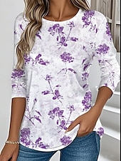 economico T-shirt floreale-T shirt donna manica lunga tunica girocollo floreale grafica alla moda trendy top regolari stampa quotidiana fine settimana blu viola verde estate