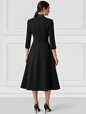 cheap Tea Length-A-Line Blazer Dress Mother of the Bride Dress Tuxedo Dress Elegant Simple Minimalist V Neck Peak Lapel Tea Length Midi Length Flap Pockets Stretch Crepe 3/4 Length Sleeve with Covered Buttons