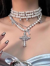 economico Accessori di Halloween-Collana multistrato con perle, rose e crocifisso gotico da donna - collana multifilo vintage per feste di Halloween e occasioni vintage