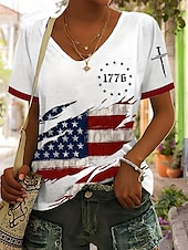 olcso Függetlenség Napja Csúcs-Női Hazafias T Shirt Grafikai Amerikai Zászló Vintage Stílusos Klasszikus Rövid Ujjú V Nyakú Normál Felsők Mindennapi Hétvégi Nyomtatás Kék Nyár Tavasz