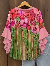 preiswerte Blumenoberteile-Damen Bluse Blumen Grafik Abstrakt Elegant Täglich Lässig Dreiviertelarm V Ausschnitt Normale Oberteile Täglich Ferien Druck Gelb Rosa Rote Blau Purpur Sommer Frühling Herbst
