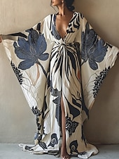 levne Boho šaty-Dámské dlouhé šaty maxi šaty boho šaty ležérní šaty swingové šaty prázdninové šaty módní moderní denní prázdninové plážové šaty regular střih květinový vzor s dlouhým rukávem výstřih do V vínově červená tmavě modrá královská modrá léto jaro