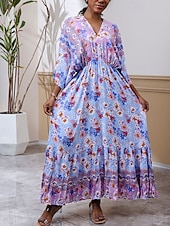preiswerte Ausgefallene Kleider-Damen Langes Kleid Maxikleid Freizeitkleid Schwingkleid Boho-Kleid Westernkleid Elegant Mode Romantisch Outdoor Urlaub Party Normale Passform Blume Langarm V Ausschnitt Blau Frühling Herbst