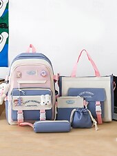 billiga Högskoleryggsäckar-5-i-1 skolryggsäcksset med plyschberlocker, lätt nylon, kawaii-stil, för flickor och tonåringar, perfekt för skolan och dagligt bruk