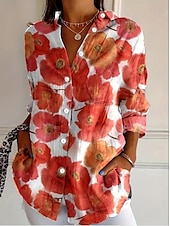 cheap Floral Tops-Women&#039;s Shirt Floral Graphic Abstract Vintage Tropical Daily Long Sleeve Shirt Collar Regular Tops Work Daily Holiday Buttons Print Red Blue Orange Green Summer Spring