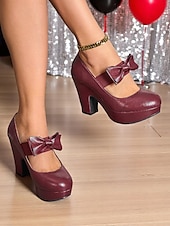abordables Années 1950-Escarpins Mary Jane bordeaux à plateforme et nœuds pour femme – Chaussures rétro à talons hauts épais des années 1950 pour fêtes, cosplay et tenues d&#039;inspiration vintage