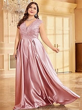 abordables Champagne-Robe A-Line Grande Taille Élégante Robe Courbe De Mariage Formelle Longue Au Sol Manches Courtes Col en V Satin Dos Nu Avec Plis 2025