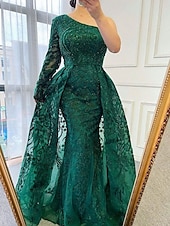 preiswerte GRÜN-A-Linie Abendkleid Elegant Kleid Formell Hochzeit Bodenlang Langarm Ein-Schulter Spitze mit Paillette 2025