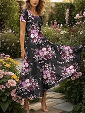 preiswerte Blumenkleider-Damen Maxikleid Strickkleid Freizeitkleid A Linie Kleid Sommerkleid Elegant Urlaub Lässig Normale Passform Blumen Grafik Kurzarm Quadrathals Rundausschnitt Gelb Rote Blau Purpur Sommer Frühling