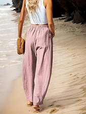 preiswerte Schlichte Hose aus Baumwollleinen-Damen Hose aus Baumwollleinen Basic Volle Länge Hohe Taille Einfach Tasche Komfort Außenbereich Mikroelastisch Urlaub Straße Lässig Schwarz Rosa Wein Marineblau Sommer Frühling Herbst Lässiger Schnitt