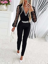 voordelige losse jumpsuits-Dames Normaal Jumpsuit Actief Effen Kleur Lange mouw V-hals Netstof Lapwerk Vakantie Straat Normale pasvorm Zwart Zomer
