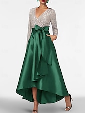 economico Abiti da cocktail-Abiti cocktail A-Line Abito elegante Matrimonio Formale Maniche lunghe asimmetriche Scollo a V Pochette Satina con fiocco(i)