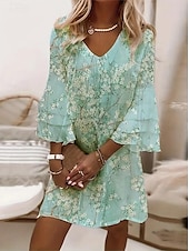 abordables Robes fleuries-Femmes Mini Robe Robe d&#039;Été Robe trapèze Boho Soirée Coupe régulière Fleuri Graphique Manche 3/4 Col en V Rose Claire Vert Claire Gris foncé Bleu Ciel Été Printemps