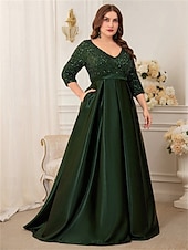 preiswerte GRÜN-A-Linie Plus-Size Kleider Elegantes Kurvenkleid Formelle Hochzeit Bodenlänge 3/4 Länge Ärmel V-Ausschnitt Satin mit Pailletten
