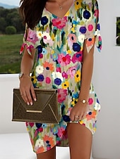 abordables Robe Fleurie-Femmes Mini Robe Robe Décontractée Robe T-Shirt Robe d&#039;Été Robe trapèze Élégant ancien Occasionnel Coupe régulière Fleuri Graphique Manche Courte Col en V Noir Rose Claire Marron clair Été