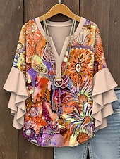abordables Hauts d&#039;Art et de Design pour Femmes-Femmes Chemisier A Ombre Graphique Abstrait Bohème ancien Quotidien Manche 3/4 Col en V Hauts Réguliers Quotidien Fête Vêtements de vacances Imprimé Rose Claire Bleu Violet Orange Vert Été Printemps