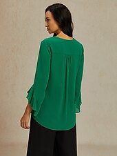 abordables Hauts habillés-Femmes Chemisier Hauts en mousseline de soie Couleur Unie Élégant Manche 3/4 Manche Volants Col en V Hauts Réguliers robe demoiselle d honneur Travail Quotidien A Volants Ourlet asymétrique Vert Ét