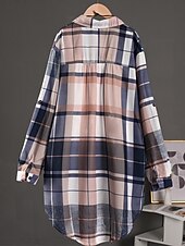 tanie Damskie topy w paski i geometryczne-Damskie Koszula Kratka Tropikalny Elegancki Codzienny Długi rękaw Kołnierzyk koszuli Długie topy Codzienny Kieszeń Guziki Nadruk Żółty Zielony Khaki Wiosna Jesień