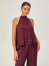 economico Bluse e camicie-Per donna Da donna All&#039;americana Tinta unita Borgogna Volant Senza Maniche Elegante Quotidiano All&#039;americana Estate
