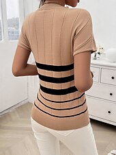 billige Grafiske mønstre og detaljer-Dame Bluse Stripet Stilfull Fritid Kortermet Crew-hals Vanlige topper Daglig Lapper Svart Hvit Brun Kakifarget Sommer