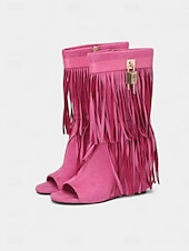 abordables Sandalias de Vacaciones-Botas de cuña con punta abierta de ante con flecos para mujer, con cremallera y detalle de candado: estilo bohemio para festivales, conciertos de música y eventos al aire libre.