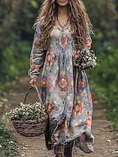 abordables Robes Boho-Femmes Robe maxi Robe trapèze Vacances Occasionnel Boho Sortir Plage Coupe Ample Fleuri Graphique Paisley manche longue Col en V Rouge Bleu Vert Gris Été Printemps