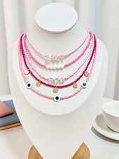 cheap Women&#039;s Necklace-Women&#039;s Colorful Beaded Layered Necklace Set – Boho Evil Eye, Pearl, and Charm Accents – Adjustable Summer Jewelry for Teens and Young Women – Ideal for Beach, Festivals and Casual Wear