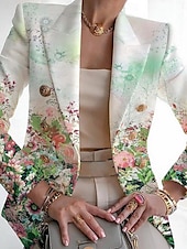 abordables Blazers et Costumes-Femmes Blazer Respirant Confortable Imprimé Mode Occasionnel Fleuri Formel Travail Bureau / Carrière Double Boutonnage Régulier Col Rabattu Coupe régulière manche longue Vêtements d&#039;extérieur Noir