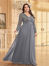 cheap BLUE-A-Line Plus Size Dresses Elegant Curve Dress Formal Wedding Floor Length Long Sleeve V Neck Chiffon with Sequin