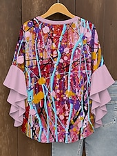 abordables Hauts d&#039;Art et de Design pour Femmes-Femmes Chemisier Graphique Abstrait Bohème ancien Quotidien Manche 3/4 Col en V Hauts Réguliers Quotidien Fête Vêtements de vacances Imprimé Jaune Rouge Bleu Violet Vert Été Printemps Automne