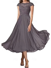 billiga Te Längd-A-linjeformad bröllopsfestmammas klänning elegant enkel krage ankellängd chiffon kort ärm med veck solid färg