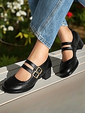 abordables Années 1950-Escarpins Mary Jane en similicuir marron pour femme – Chaussures vintage des années 1950 à talon bas et double bride à boucle, idéales au quotidien ou pour le bureau