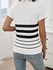 billige Grafiske mønstre og detaljer-Dame Bluse Stripet Stilfull Fritid Kortermet Crew-hals Vanlige topper Daglig Lapper Svart Hvit Brun Kakifarget Sommer