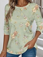 abordables T-shirt floral-Femmes T-shirt Fleuri Graphique Plantes ancien Élégant Classique manche longue Col ras du cou Hauts Réguliers Quotidien Week-end Imprimé Jaune Bleu Vert Été