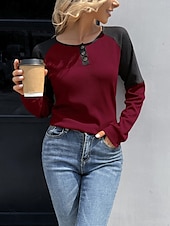 お買い得  ストライプ＆ジオメトリックTシャツ-女性用 ブラウス カラーブロック スタイリッシュ カジュアル 長袖 クルーネック レギュラートップス 日常 パッチワーク ボタン イエロー ワイン 夏 春
