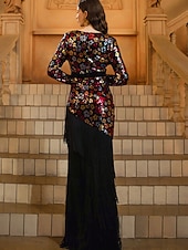 preiswerte SCHWARZ-Meerjungfrau  Trompeten Partykleider Elegantes Kleid Formelle Hochzeit Bodenlang Langarm V-Ausschnitt Pailletten mit Quasten Schlitz