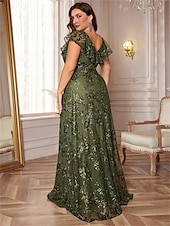 abordables VERT-Robe A-Ligne Grande Taille Élégante Robe Courbée Formelle Mariage Longue Traîne Manches Courtes Décolleté en V en Polyester Dos V avec Sequins 2025