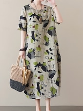 cheap Print Cotton &amp; Linen Dresses-Women&#039;s Maxi Dress Summer Dress Casual Daily Regular Fit Graphic Short Sleeve Crew Neck Gray Summer