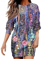 voordelige Boho Jurk-Dames Mini-jurk Hemdjurk Casual Vakantie Feestdagen Uitgaan Normale pasvorm Bloemig Grafisch Geometrisch Lange mouw Strakke ronde hals Roestig rood Paars khaki Herfst Winter