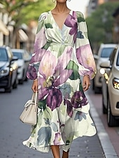 cheap Print Floral Dresses-Women&#039;s Midi Dress Casual Dress Print Dress Elegant Fashion Outdoor Party Holiday Regular Fit Flower Long Sleeve V Neck Pink Blue Purple Summer Spring