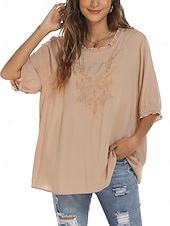 preiswerte Damen Einfache Oberteile-Damen Hemd Einfarbig Blumen Lässig Boho Dreiviertelarm Ellbogenärmel Rundhalsausschnitt Normale Oberteile Täglich Ausgehen Rüsche Bestickt Schwarz Weiß Rote Khaki Sommer