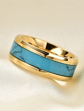 economico Gioielli da uomo-Anello da uomo in acciaio inossidabile con intarsio turchese blu, fascia lucida comfort fit, gioiello in stile western da indossare ogni giorno, matrimoni o regali