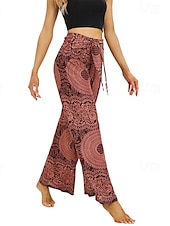 baratos perna larga e cintura alta-Mulheres Perna larga Calças Casual Boho Comprimento total Cintura Alta Imprimir Bolsos Design de cordão elástico Respirabilidade Macio Micro-Elástica Férias Rua Roupa Diária Vermelho Verde Verão
