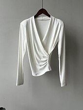 abordables Hauts Unis pour Femmes-Femmes Chemisier Uni Moderne Occasionnel manche longue Col en V Hauts Réguliers Quotidien Fête Froncé Noir Blanche Marron clair Automne