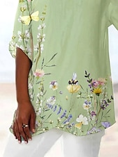 billige Blomstrete topper-Dame Bluse Blomstret Grafisk Blad Hawaiisk Stilfull Fritid 3/4 ermer V-hals Vanlige topper Daglig Ferie Ut på byen Trykt mønster Asymetrisk kant Lysegrønn Lilla Lyseblå Sommer Vår Høst